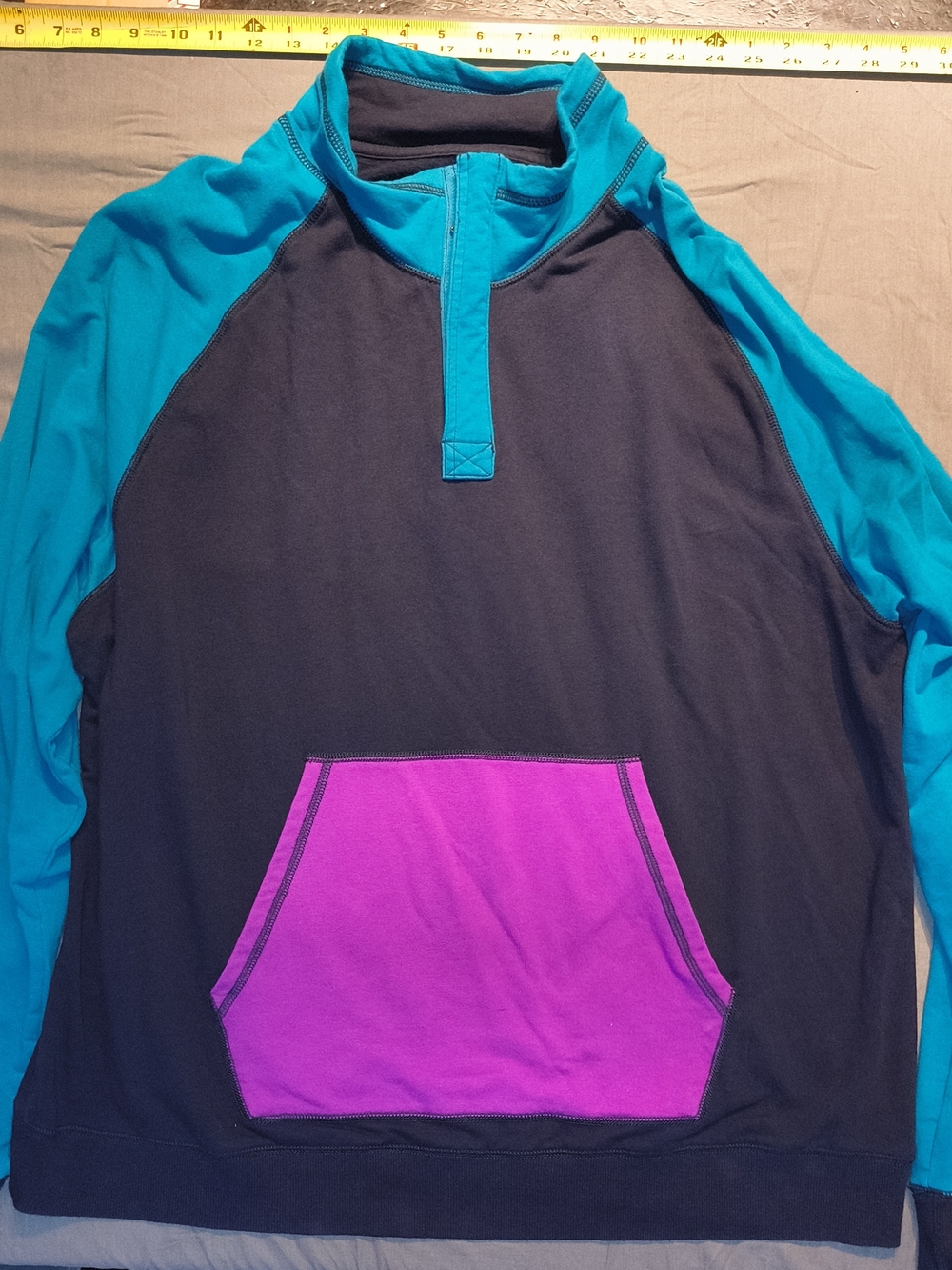 Men's Zip-Up Pullover Sweater - Black with Teal Sleeves and Purple Pocket